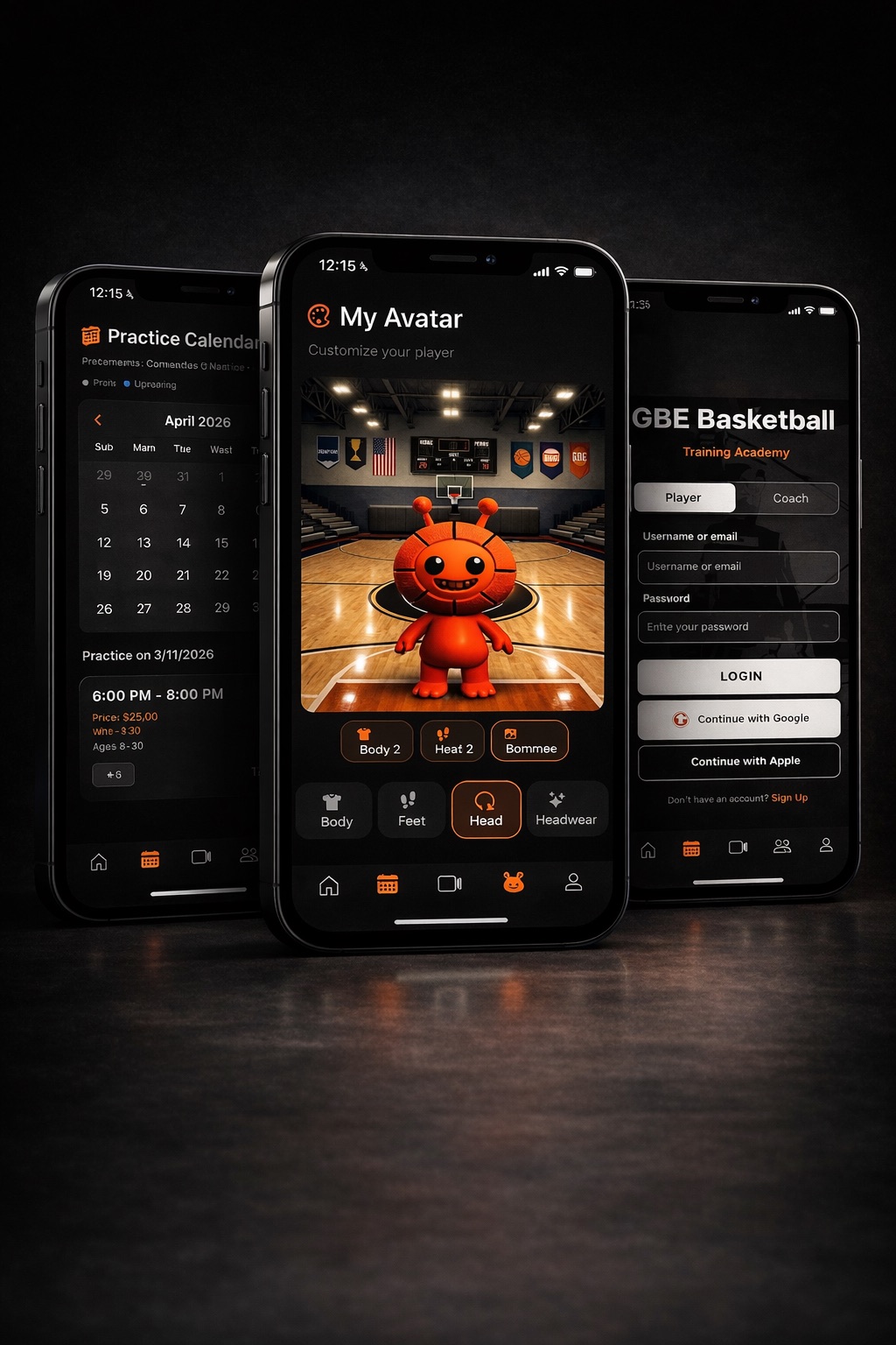 GBE Academy app preview featuring the practice calendar, avatar screen, and login flow.