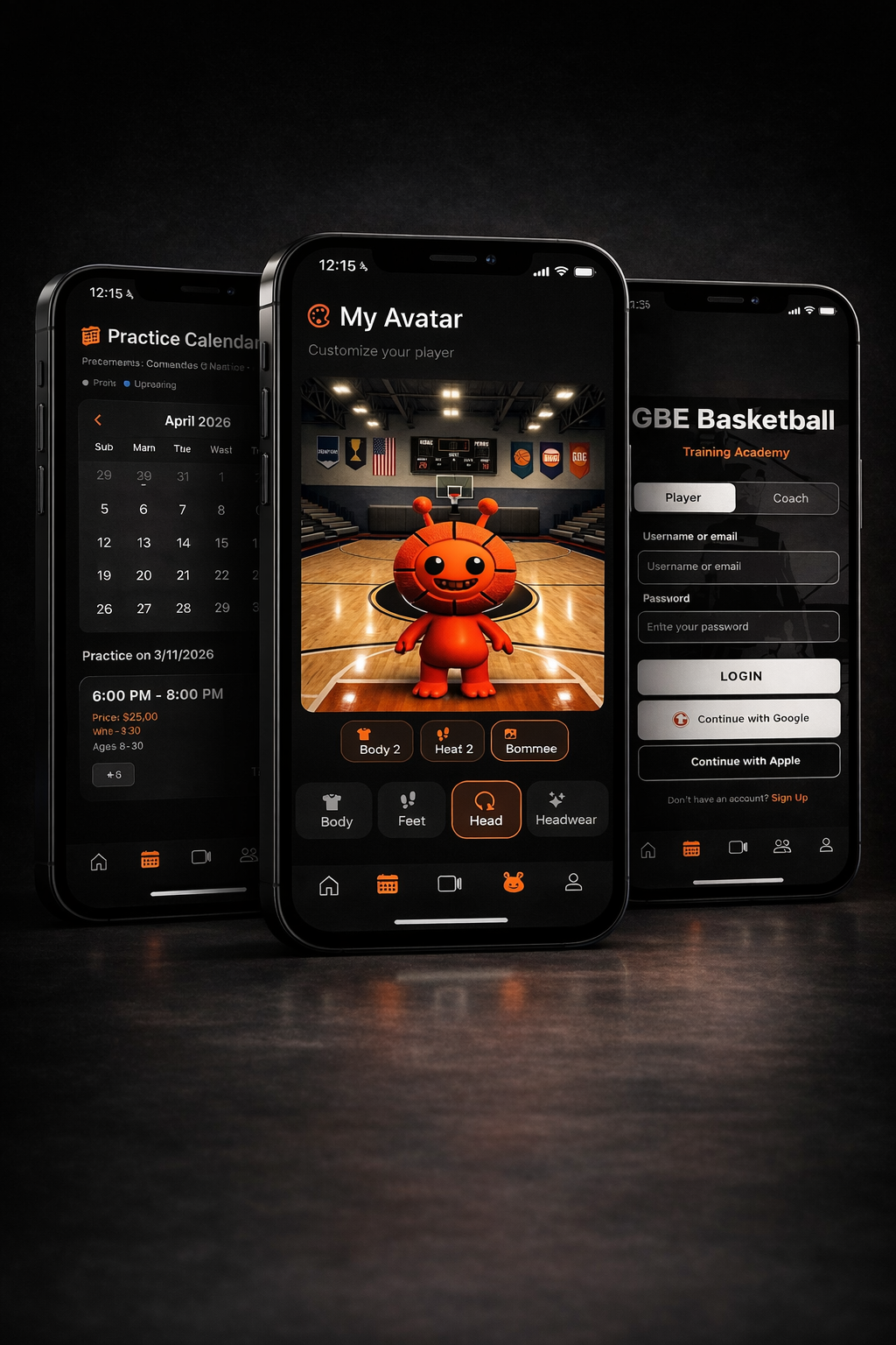 GBE Academy app preview featuring the practice calendar, avatar screen, and login flow.