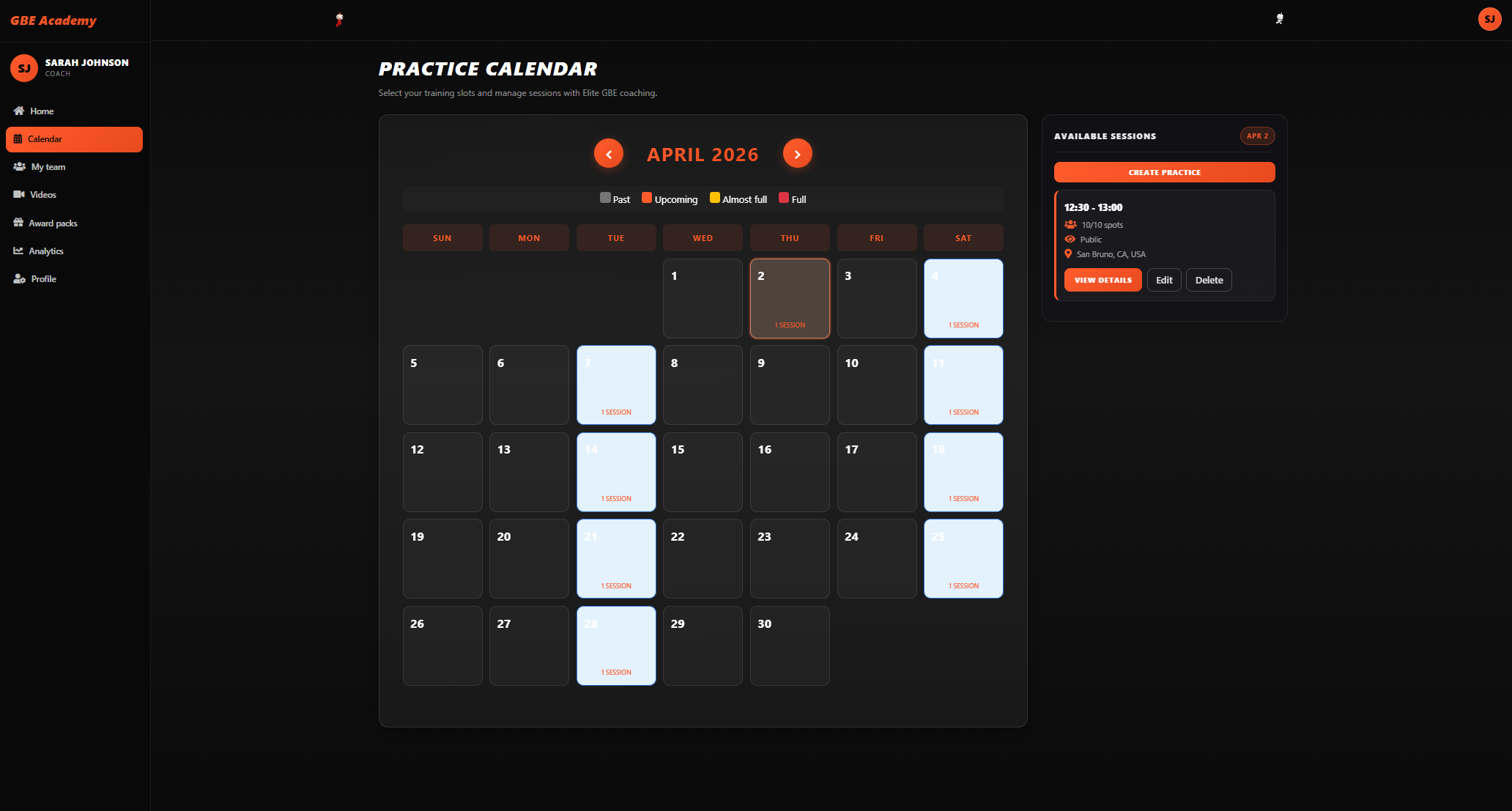 GBE Academy web app calendar view for creating and managing basketball practices.