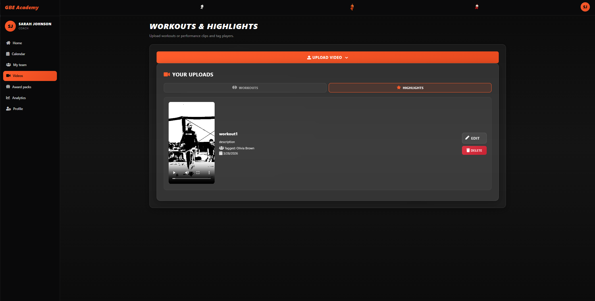 GBE Academy web app workouts and highlights dashboard for coaches.